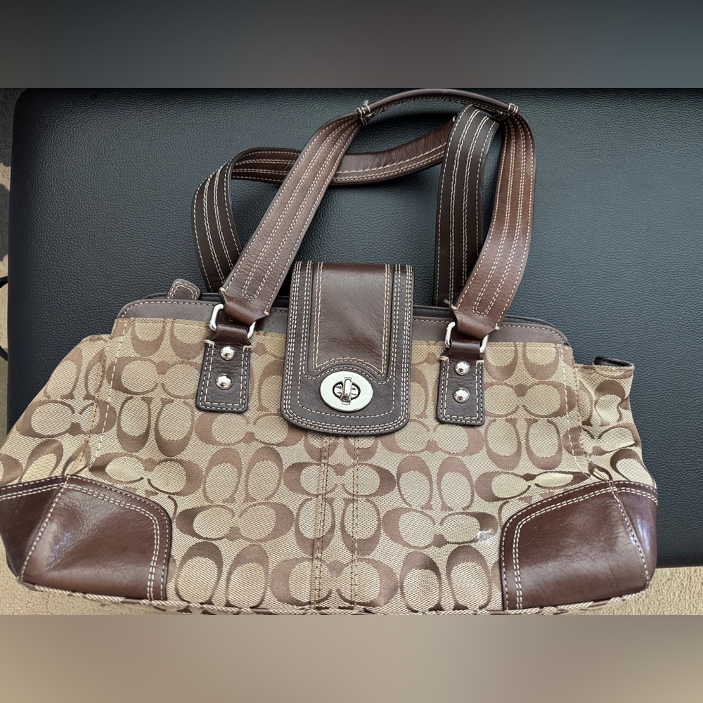 Coach Tan and Brown Signature Shoulder Bag